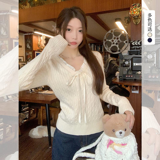 西遇v领长袖针织衫女秋季新款学院风系带蝴蝶结套头毛衣SS051560 商品图0