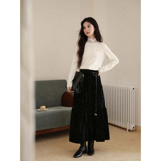 鹿向南「雪舞晶灵」杏色假两件蕾丝拼接长袖毛针织衫秋新款上衣女 商品图1