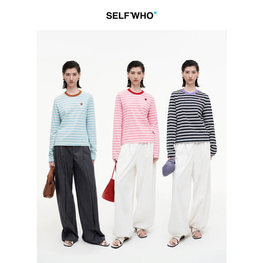 SELFWHO笑脸衣橱麻节感双纱混纺撞色条纹长袖t恤女2025秋新款上衣 商品图1
