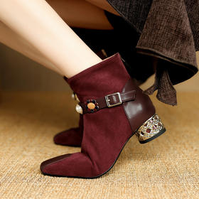 【预售5天】时尚真皮短靴女简约百搭通勤方头粗跟通勤法式复古质感靴子女NJMK&K1758