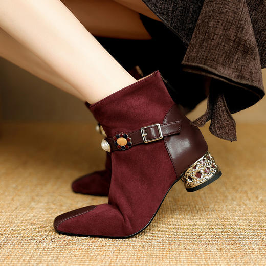 【预售5天】时尚真皮短靴女简约百搭通勤方头粗跟通勤法式复古质感靴子女NJMK&K1758 商品图0