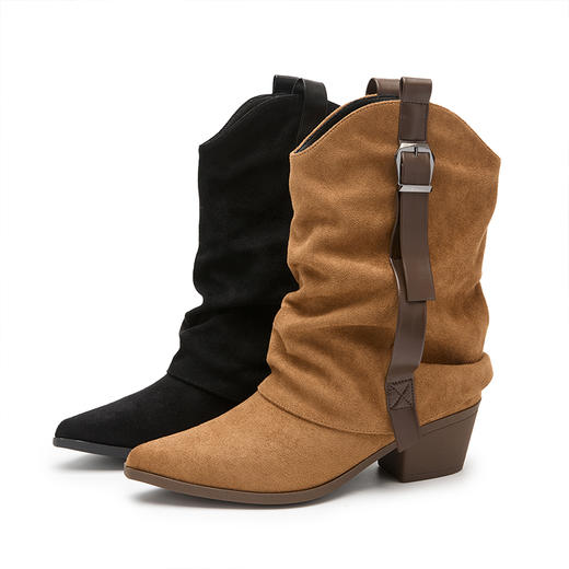 西遇尖头裤管靴女新款秋冬废土美拉德绒面小短靴西部牛仔靴子K2057172 商品图4