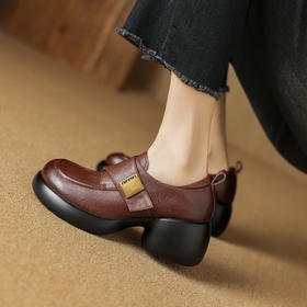 【预售5天】踩屎感真皮厚底小皮鞋，圆头深口单鞋一脚蹬粗跟高跟鞋DTN&D183-2