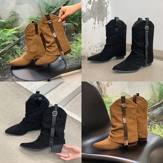 西遇尖头裤管靴女新款秋冬废土美拉德绒面小短靴西部牛仔靴子K2057172 商品图3