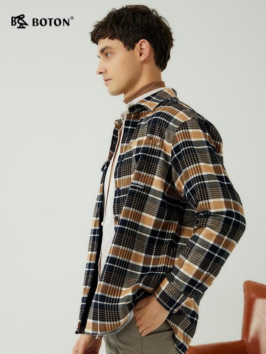 波顿男士秋冬季美式休闲磨毛杏蓝黑色格子外套型衬衫MSJ717323 商品图3
