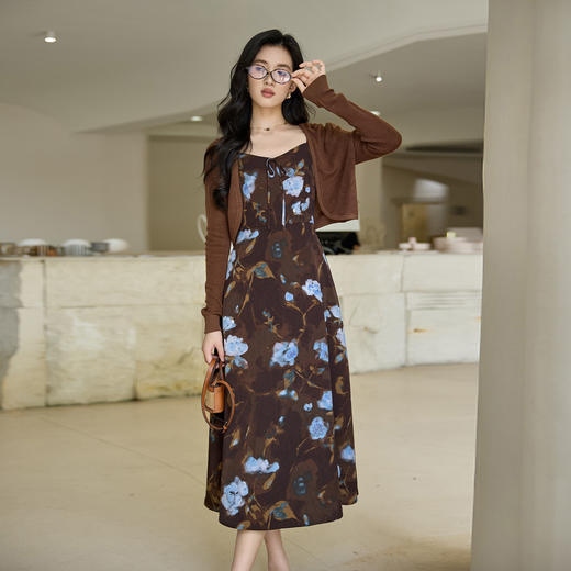 奢姿大码女装2025秋季胖妹妹时尚减龄印花吊带裙搭针织开衫套装9953970320AB 商品图0