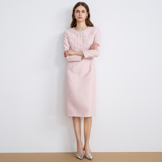 EITIE爱特爱优雅精致粉色千金感小香风粗花呢2025秋季新款连衣裙C2507860 商品图1