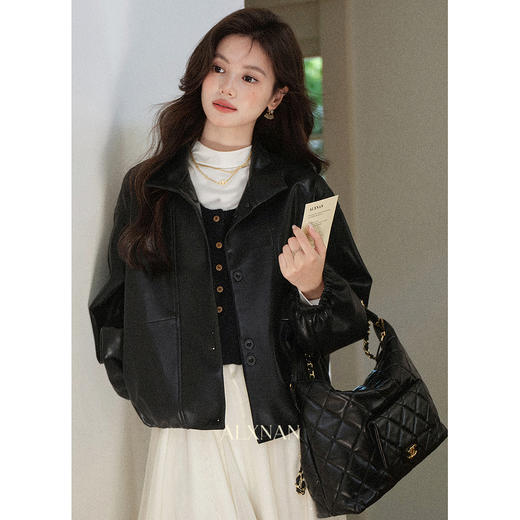 鹿向南「柔雾巴黎」高级感酷飒风黑色宽松显瘦皮衣外套上衣女初秋 商品图0