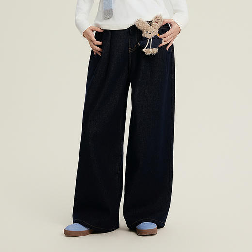 笛莎Deesha青少年女童裤子2025冬季女童显瘦高腰加绒牛仔阔腿裤 商品图0