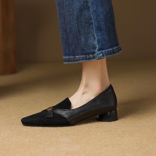 【预售5天】法式深口单鞋女春秋蝴蝶结方头低跟粗跟真皮翻毛皮乐福鞋女SSS&S9844 商品图1