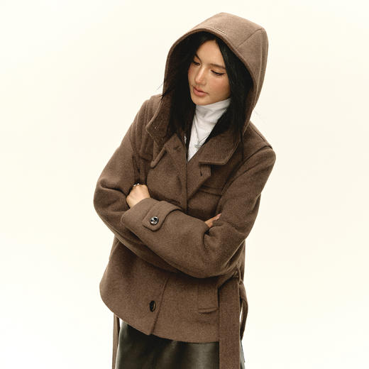 Ariseism 美式复古设计感咖色连帽毛昵大衣女秋季新款上衣外套 商品图1
