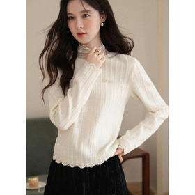 鹿向南「雪舞晶灵」杏色假两件蕾丝拼接长袖毛针织衫秋新款上衣女