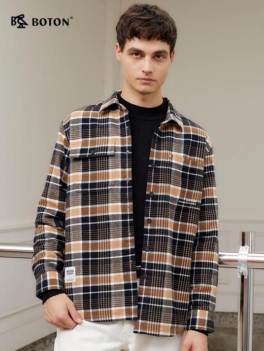 波顿男士秋冬季美式休闲磨毛杏蓝黑色格子外套型衬衫MSJ717323 商品图1