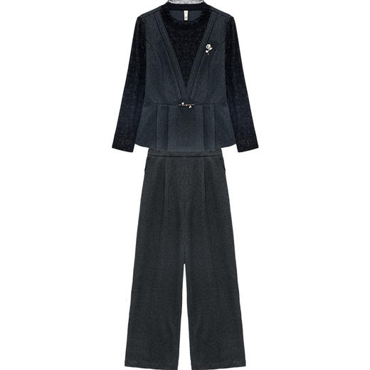 QYM 12125X02-Y时尚气质套装假两件收腰小衫+直筒阔腿裤套装 商品图4