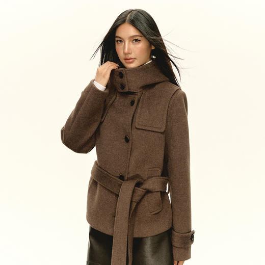 Ariseism 美式复古设计感咖色连帽毛昵大衣女秋季新款上衣外套 商品图2