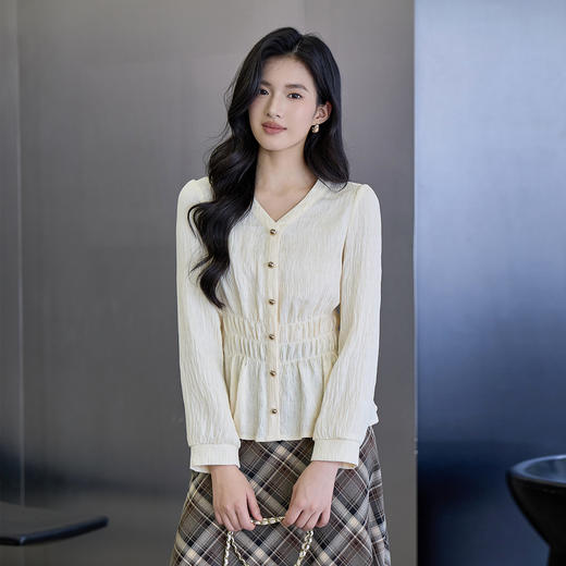 奢姿大码女装2025秋季时尚褶皱设计灯笼袖衬衫胖妹妹气质简约上衣9953294291 商品图0