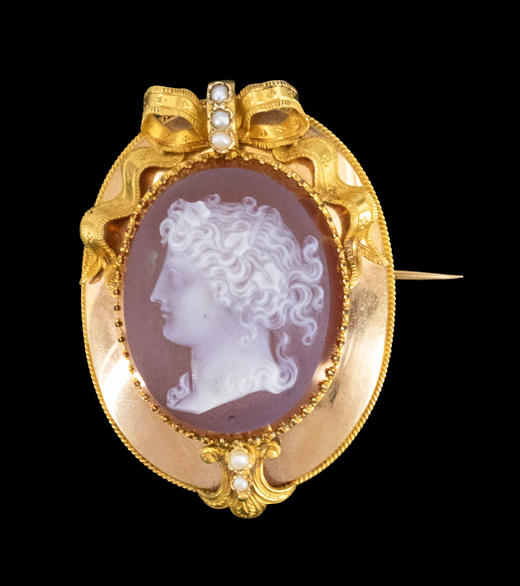 独角鹿西洋古董1850-1870年代法国拿破仑三世时期出品蝴蝶结造型18K黄金镶嵌天然海水珍珠及古典女神主题卡梅奥玉髓浮雕耳环及胸针套件 商品图2