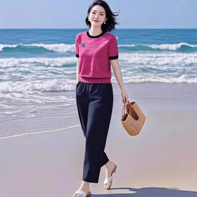 MZ19343超洋气搭配凉爽遮肉冰丝针织短袖上衣套装2025夏休闲哈伦裤两件套