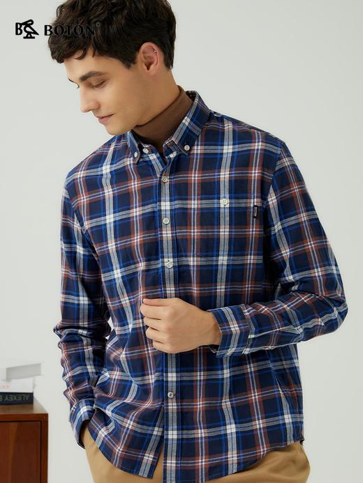 波顿男士秋冬季纯棉美式商务休闲长袖棕蓝色格子衬衫MS716323 商品图5