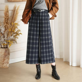 QYM 9522-Y格纹阔腿裤时尚气质宽松休闲裤直筒裤