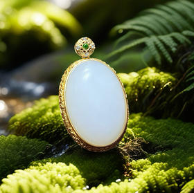 18K古法黄金和田玉（白玉）镶钻蛋面吊坠--蛋面26*18mm