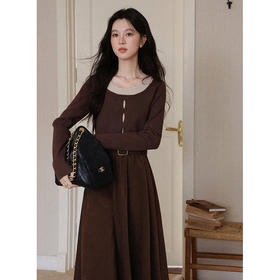 鹿向南「苏州旧信」秋棕色收腰长袖连衣裙秋季新款气质显瘦长裙女