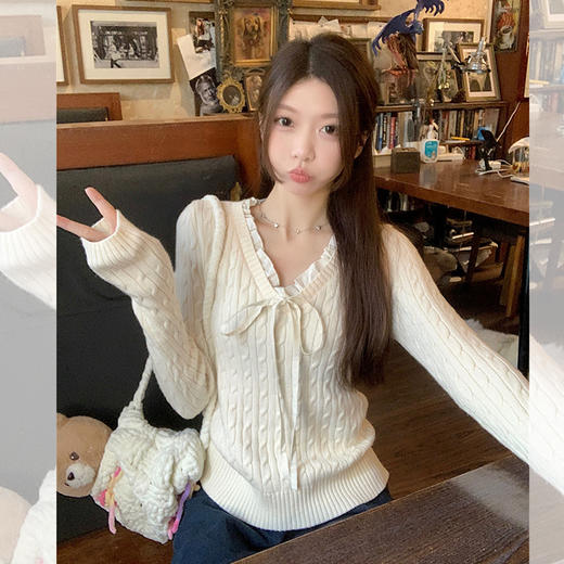 西遇v领长袖针织衫女秋季新款学院风系带蝴蝶结套头毛衣SS051560 商品图2