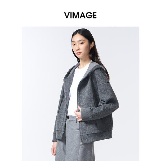 VIMAGE纬漫纪深灰色高级感带帽2025秋冬新款时尚减龄卫衣外套V2403104 商品图2