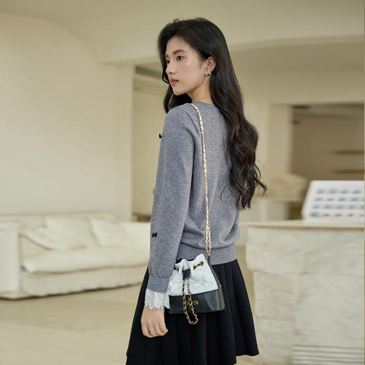 奢姿大码女装2025秋季胖妹妹时尚蝴蝶结装饰气质蕾丝花边针织衫9653253605 商品图3