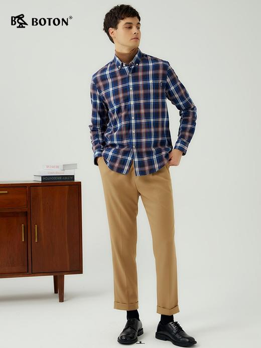 波顿男士秋冬季纯棉美式商务休闲长袖棕蓝色格子衬衫MS716323 商品图1