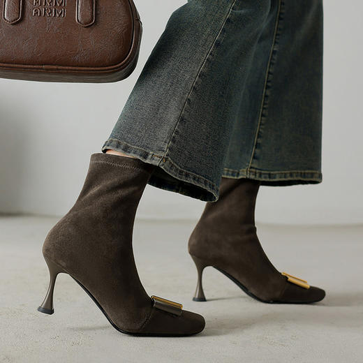 【预售5天】新款法式复古方头粗跟中跟单鞋女高筒瘦瘦靴弹力靴短筒靴WC&M3581 商品图4