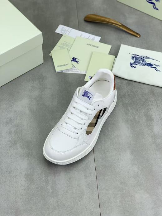Burberry巴宝莉 Terrace PU 小牛皮 格纹马术骑士标签 圆头系带 低帮 板鞋 白色 商品图1