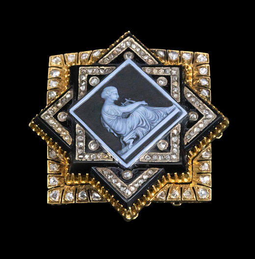 独角鹿西洋古董1850-1870年代法国拿破仑三世时期出品18K黄金镶嵌钻石及古典人物主题卡梅奥缟玛瑙浮雕胸针 商品图3