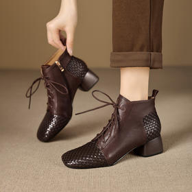 【预售5天】英伦风编织时尚高跟短靴，真皮圆头系带马丁靴气质显瘦及裸靴MBJR&5630