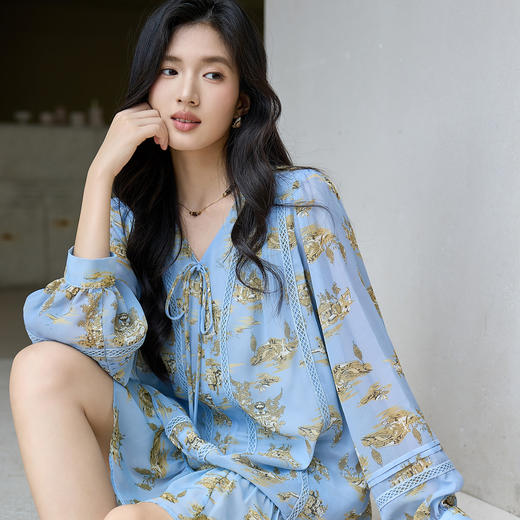 奢姿大码女装2025秋季胖妹妹时尚印花设计系带V领上衣短裙两件套9953953725AB 商品图2