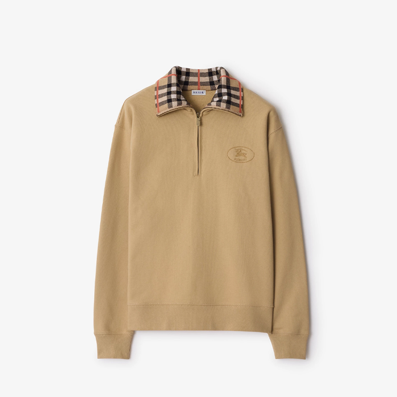 BURBERRY 巴宝莉 男士马术骑士印章刺绣格纹领棉质半拉链卫衣 浅黄色 8110589 B8626