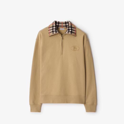 BURBERRY 巴宝莉 男士马术骑士印章刺绣格纹领棉质半拉链卫衣 浅黄色 8110589 B8626 商品图0
