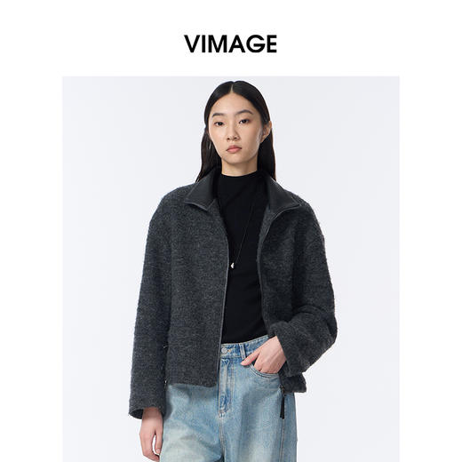 VIMAGE纬漫纪高级灰立领金属拉链设计慵懒感2025秋冬新款大衣外套V2403103 商品图1