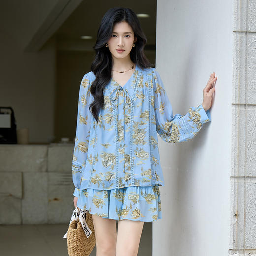 奢姿大码女装2025秋季胖妹妹时尚印花设计系带V领上衣短裙两件套9953953725AB 商品图0