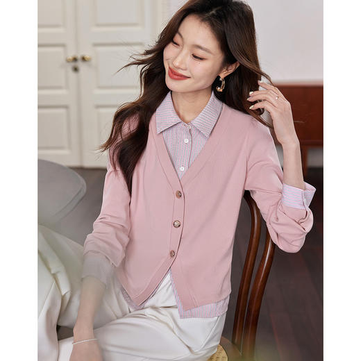 【年终特卖】熙世界2025春秋新款学院风条纹拼接卫衣女长袖假两件polo领上衣 商品图2