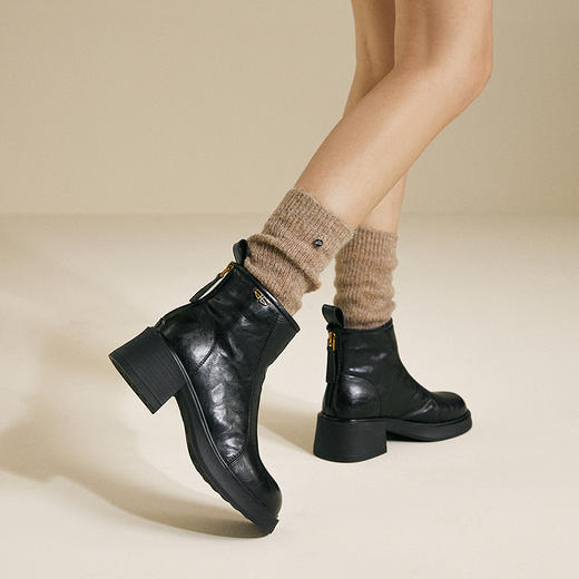 千百度粗跟切尔西靴女厚底羊皮靴增高加绒保暖短靴子A25552504 商品图2