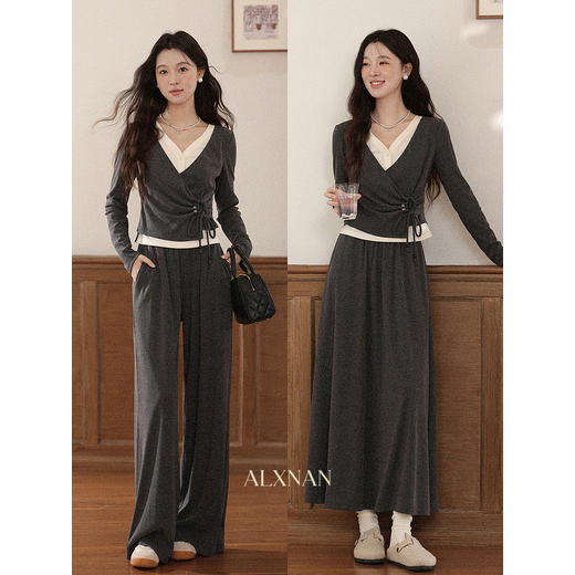 鹿向南「油画风铃」不规则长袖t恤休闲裤套装女秋宽松穿搭两件套 商品图0