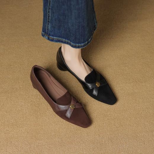 【预售5天】法式深口单鞋女春秋蝴蝶结方头低跟粗跟真皮翻毛皮乐福鞋女SSS&S9844 商品图4