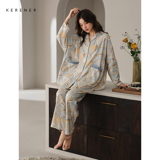 可人儿春秋季带胸垫奥力棉女士长袖长裤睡衣可外出纯棉家居服套装 商品图3