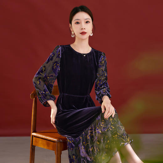 QS秋冬新款优雅法式复古宽松中长款连衣裙女气质国风款2327 商品图3