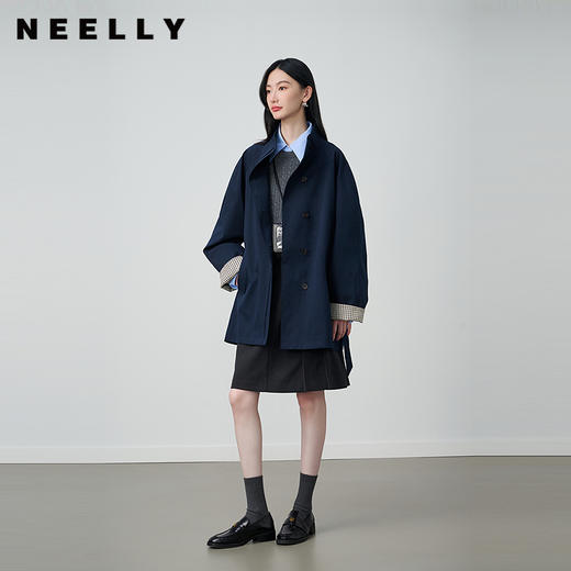 NEELLY纳俪商场同款秋冬新款条纹撞色廓形风衣女温柔气质风外套N25094F05517 商品图0