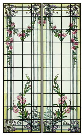 独角鹿西洋古董19世纪末20世纪初法国出品古典缎带卷叶与花卉主题彩绘玻璃花窗一对