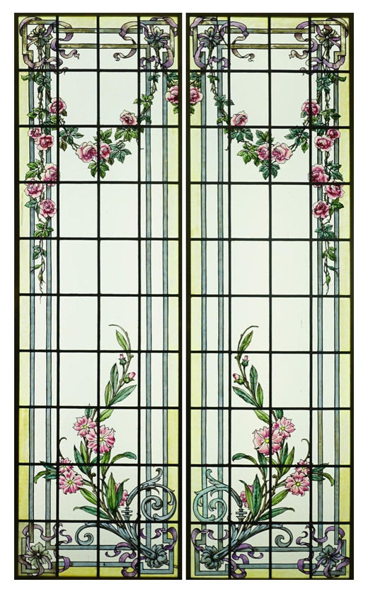 独角鹿西洋古董19世纪末20世纪初法国出品古典缎带卷叶与花卉主题彩绘玻璃花窗一对 商品图0