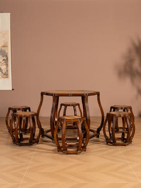 清	红木镶云石葵口六角鼓墩形圆台及凳成套（一桌六凳）