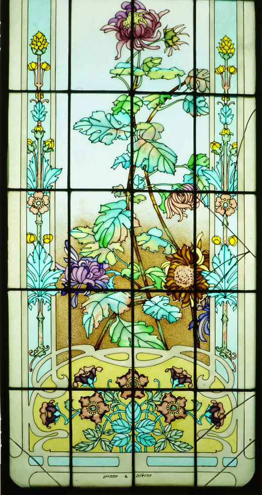 独角鹿西洋古董20世纪初法国新艺术风格时期工坊L’Homme & Lefèvre签名出品繁花齐绽主题彩绘玻璃花窗一组 商品图8